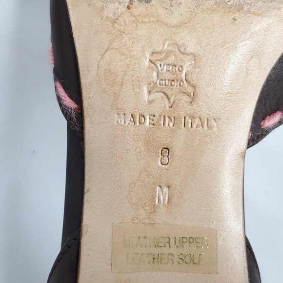 Isabella Fiore Leather Pumps 8 Brown Pink Embroidered Yarn Kitten Heel Open Side - Picture 9 of 9